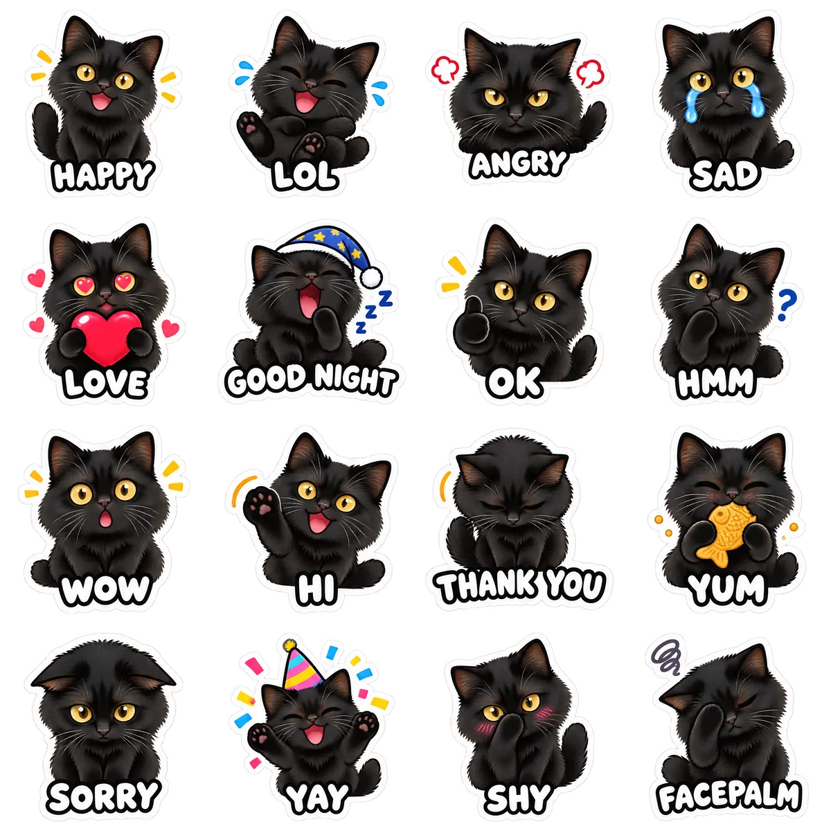 A sheet of sixteen chibi stickers of a long-haired black cat: happy, laughing, angry, sad, love, good night and more
